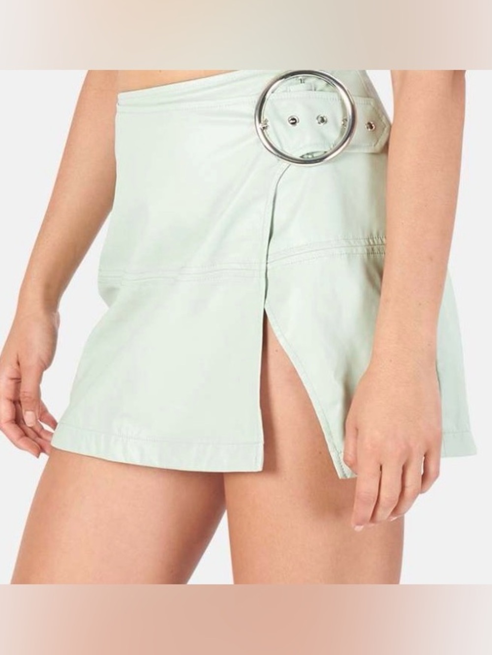 For Love & Lemons Talia Mint Green Faux Leather Wrap Mini Skirt, size Medium